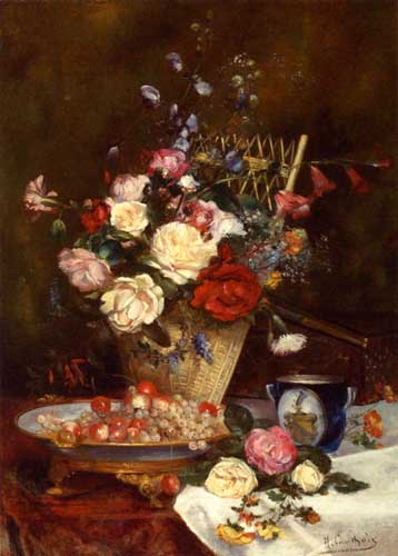 Painting Code#6622-Eugene Henri Cauchois - Still Life With Roses, Cherries And Grapes