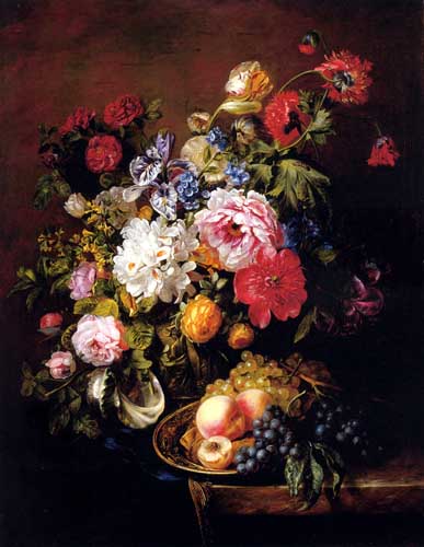 Painting Code#6628-Haanen, Adriana-Johanna(Holland): Roses, Peonies, Poppies, Tulips And Syringa In A Terracotta Pot 
