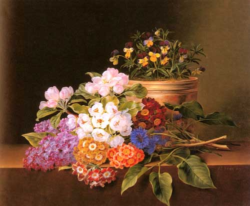 Painting Code#6630-Jensen, Johan Laurentz(Denmark): Apple Blossoms, Lilac, Violas, Cornflowers and Primroses on a Ledge