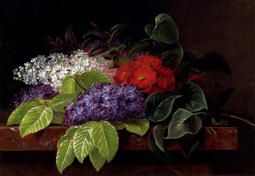 Painting Code#6631-Jensen, Johan Laurentz(Denmark): White and purple Lilacs, Camellia and Beech Leaves on a marble Ledge