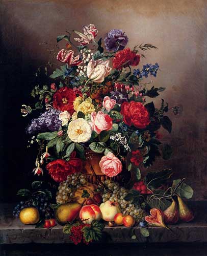 Painting Code#6633-Kaercher, Amalie(Germany): A Still Life With Assorted Flowers, Fruit And Insects On A Ledge
