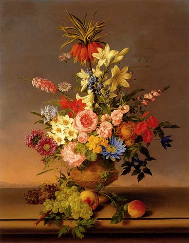 Painting Code#6635-Stoll, Leopold van: Still Life Of Various Flowers In A vase With Bunches Of Grapes And Peaches, All Resting On A Ledge With A Landscape Beyond