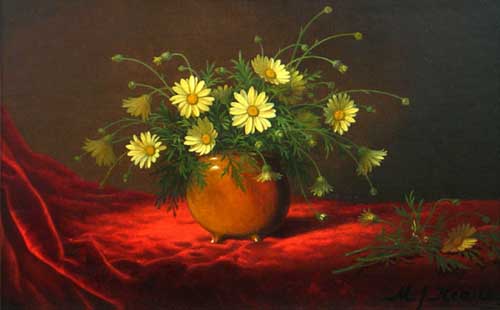 Painting Code#6638-Martin Johnson Heade: Yellow Daisies in a Bowl