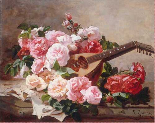 Painting Code#6639-Georges Jeannin - Still Life with Roses and Mandoline