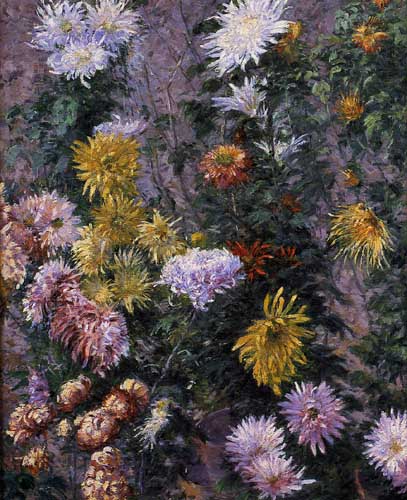 Painting Code#6643-Gustave Caillebotte: White and Yellow Chrysanthemums Garden at Petit Gennevilliers