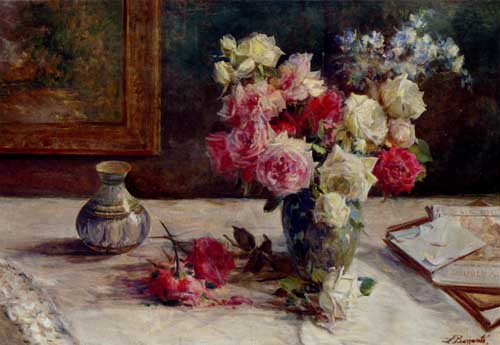 Painting Code#6651-Barzanti, Licinio(Italy): Roses, A Vase And Some Books On A Table
