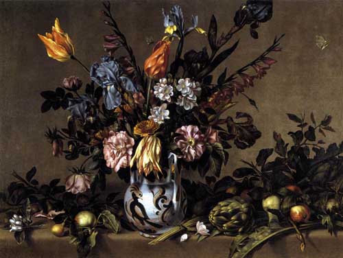 Painting Code#6664-Ponce, Antonio(Spain): Still-Life with Flowers, Artichokes and Fruit 
