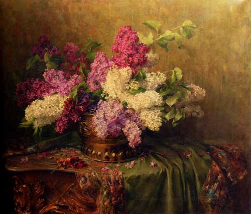 Painting Code#6670-Sivers, Clara Von: A Still Life With Lilacs And Violets On A Draped Guilt Rococo Table
