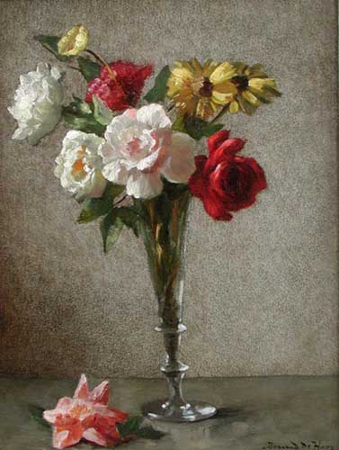 Painting Code#6674-Bernard De Hoog: Still Life with a Vase of Roses and Daisies
