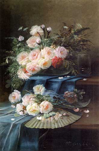 Painting Code#6676-Carlier, Max: Flowers, Fan and a Glass on Draped Table