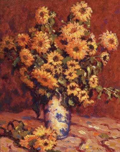 Painting Code#6690-Laurence A. Campbell: Sunflowers with a Red Background