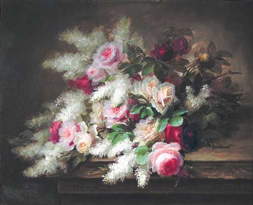Painting Code#6696-Paul de Longpre: Roses and French Lilacs