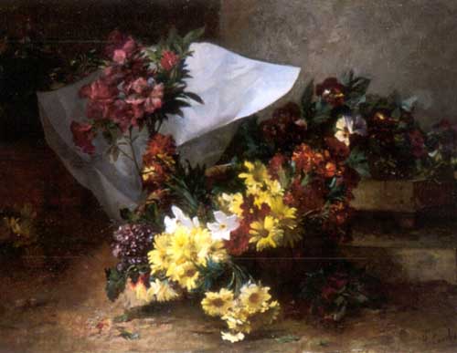 Painting Code#6698-Eugene Henri Cauchois: A Basket of Fresh Cut Flowers Still Life