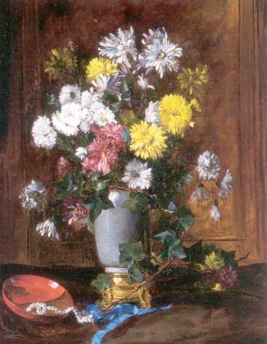 Painting Code#6699-Eugene Henri Cauchois: Pearls and Flowers Still Life