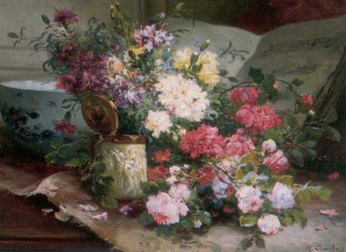 Painting Code#6700-Eugene Henri Cauchois: The Pleasures of Life Flowers in Still Life