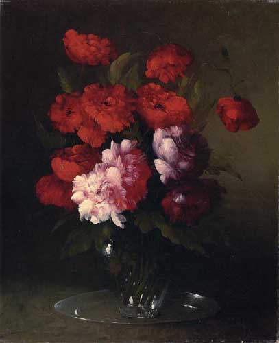 Painting Code#6702-Theodule Ribot: Peonies and Poppies in a Glass Vase
