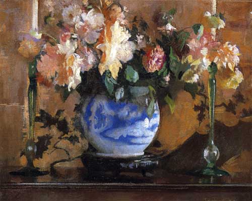 Painting Code#6719-Edmund Tarbell - Flowers in a Blue Ginger Jar