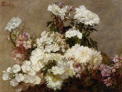 Painting Code#6728-Henri Fantin-Latour - White Phlox, Summer Chrysanthemum and Larkspur