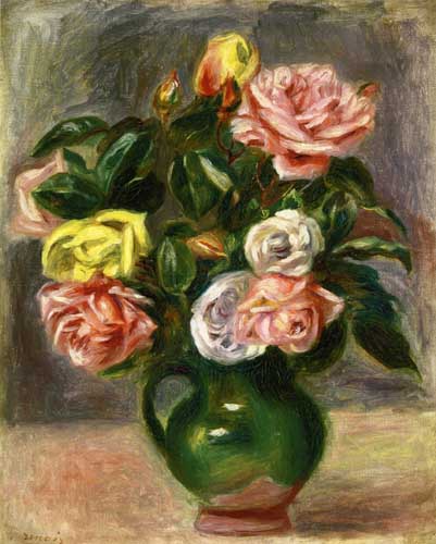Painting Code#6757-Renoir, Pierre-Auguste - Bouquet of Roses in a Green Vase