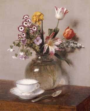 Painting Code#6798-Henri Fantin-Latour - A Vase of Flowers with a Coffee Cup