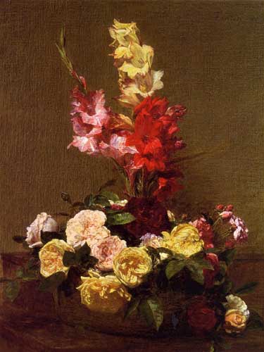 Painting Code#6807-Henri Fantin-Latour - Gladiolas and Roses