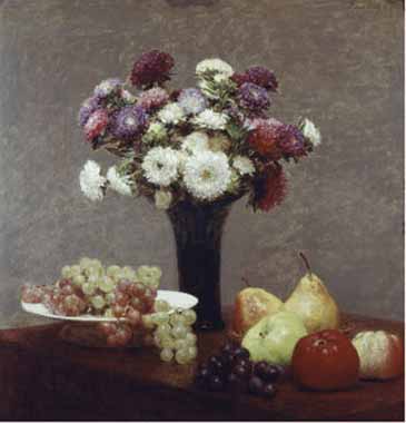 Painting Code#6814-Henri Fantin-Latour - Still Life with Dahlias and Fruit
