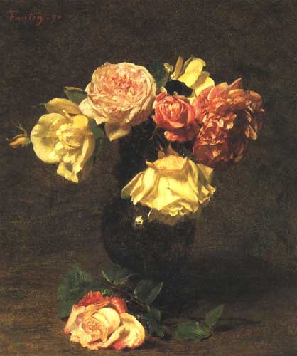 Painting Code#6818-Henri Fantin-Latour - White and Pink Roses
