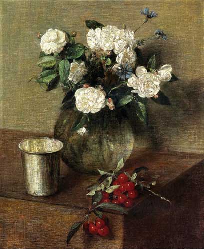 Painting Code#6843-Henri Fantin-Latour - White Roses and Cherries