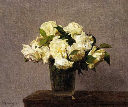 Painting Code#6844-Henri Fantin-Latour - White Roses in a Vase