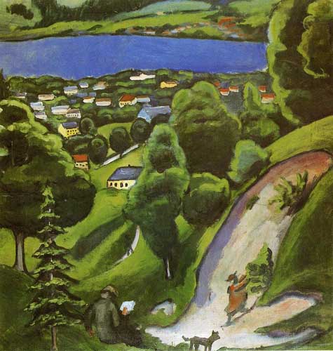 Painting Code#70634-Macke, August - Tegernsee Landscape with Man Reading and Dog