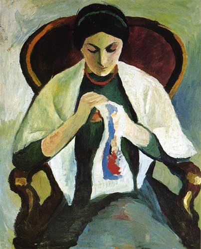 Painting Code#70640-Macke, August - Woman Embroidering in an Armchair, Portrait of the Artist&#039;s Wife
