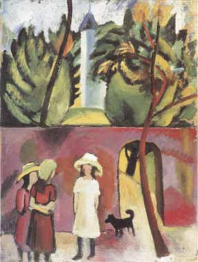 Painting Code#70656-Macke, August - Three Girls with a Dog in Front of the Garden Gate