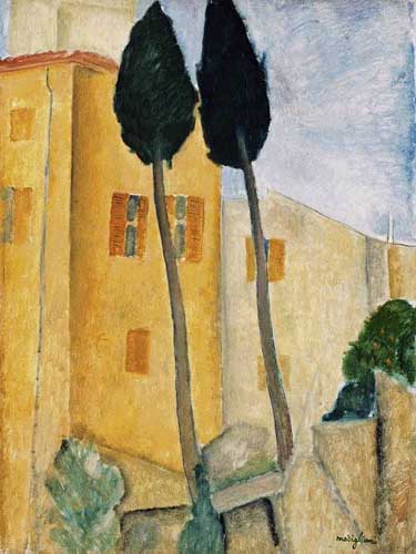 Painting Code#70777-Modigliani, Amedeo - Cypress Trees and Houses