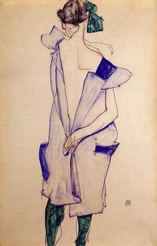 Painting Code#70930-Egon Schiele - Standing Girl in a Blue Dress and Green Stockings, Back View
