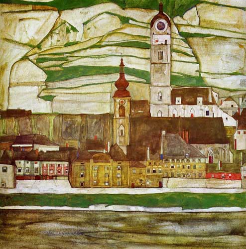 Painting Code#70932-Egon Schiele - Stein on the Danube with Terraced Vineyards