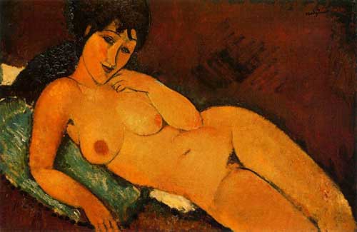 Painting Code#7419-Modigliani, Amedeo(Italy): Nude on a Blue Cushion