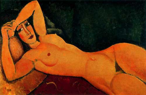 Painting Code#7420-Modigliani, Amedeo(Italy): Reclining Nude with Left Arm Resting on Forehead