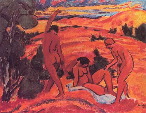 Painting Code#7769-Hermann Max Pechstein - Three Nudes in a Landscape