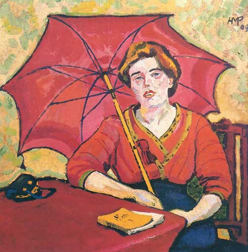 Painting Code#7771-Hermann Max Pechstein - Girl in Red with a Parasol
