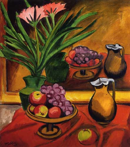 Painting Code#7774-Hermann Max Pechstein - Still Life with Mirror, Clivia, Fruit and Jug