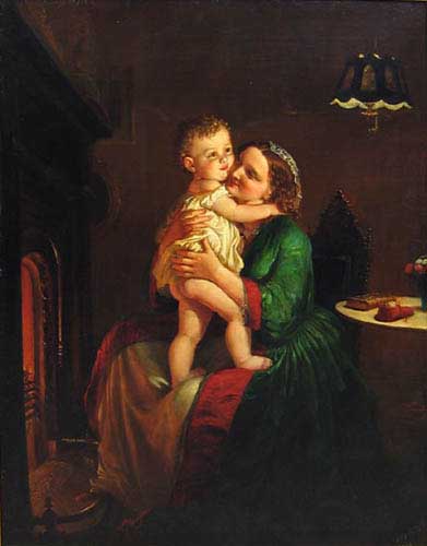 Painting Code#1010-LILLY MARTIN SPENCER: Mother and Child by the Hearth