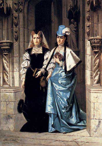 Painting Code#1017-Bakalowicz, Ladislaus: Two Elegant Ladies Leaving A Church 