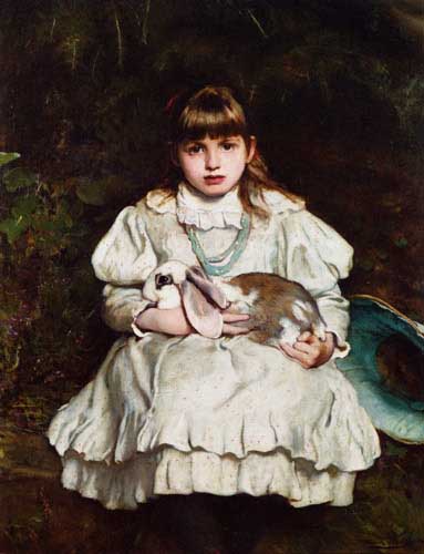 Painting Code#1078-Holl, Frank(UK): Portrait of a Young Girl Holding a Pet Rabbit
