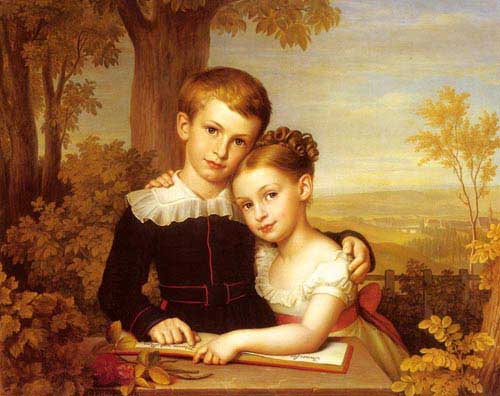 Painting Code#11610-Leybold, Carl Jacob(France): Portrait of two Children with an extensive Landscape beyond