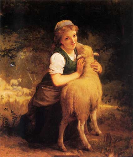 Painting Code#11679-Munier, Emile(France): Young Girl with Lamb