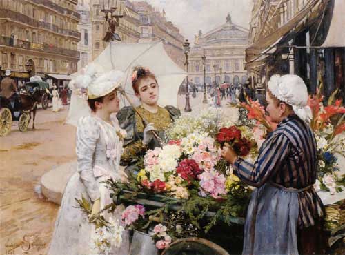 Painting Code#11855-Schryver, Louis Marie de(France): The Flower Seller, Avenue de L&#039;Opera, Paris