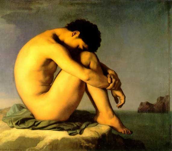Painting Code#12223-Flandrin, Hippolyte: Young Man Beside the Sea, A Study