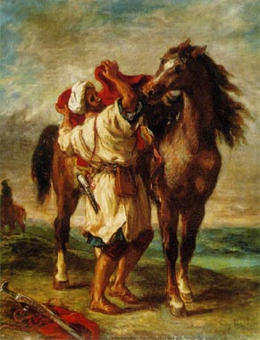 Painting Code#1278-Delacroix, Eugene: Arab Saddling His Horse