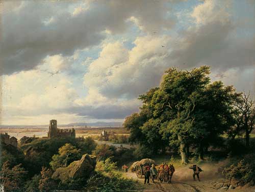 Painting Code#2002-Koekkoek, Marianus Adrianus(Holland):River Landscape with Ruin and Horse Carriage