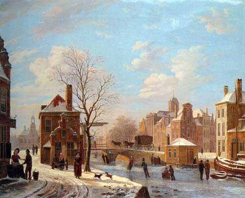 Painting Code#2005-Hove, Bartholomeus Johannes Van(Dutch): A Dutch Town Scene in Winter